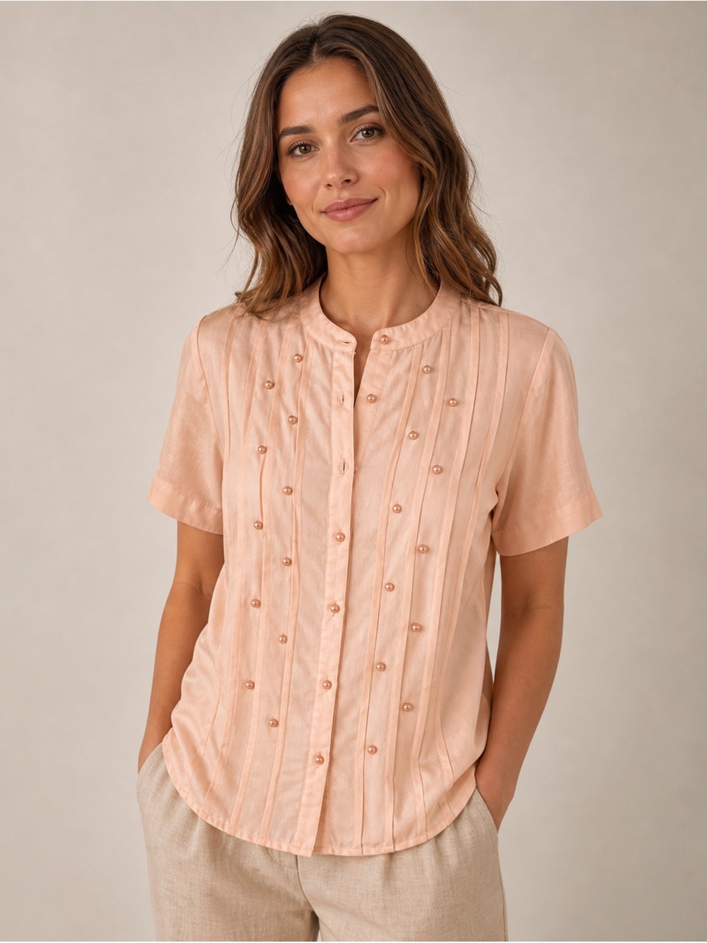 Rare peach cottagecore blouse with pearls. Size small - Picture 1 of 4